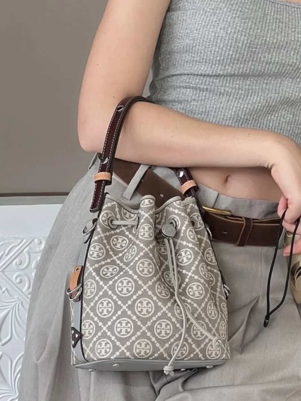 Tory Burch Monogram Jacquard Bucket Bag Grey Full Set With Mini